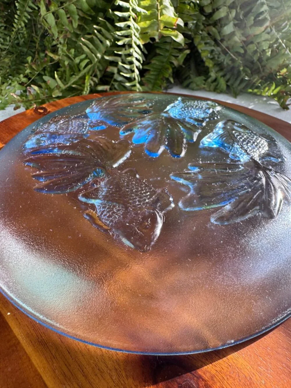 Vintage Pasari Blue Glass Plates with Koi Fish / Lobsters